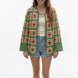 Crochet Granny Square Patchwork Cardigan Handmade Boho Sweater Women’s